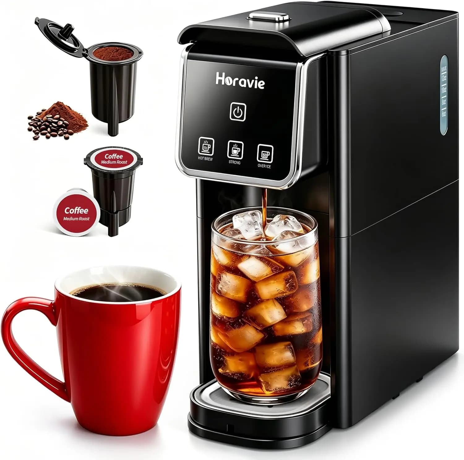 Single Serve Coffee Maker for K-Cup Pods & Ground Coffee, Brews Hot & Iced, Strong Brew Mode, 6-12 oz Cup Sizes, Perfect for Hom