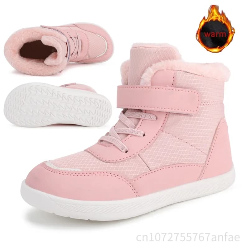Stivali da neve invernali per bambini Punta larga Scarpa a piedi nudi Comodo caldo foderato in pelliccia Stivale invernale per bambini Stivale da passeggio per esterni Aon-slip