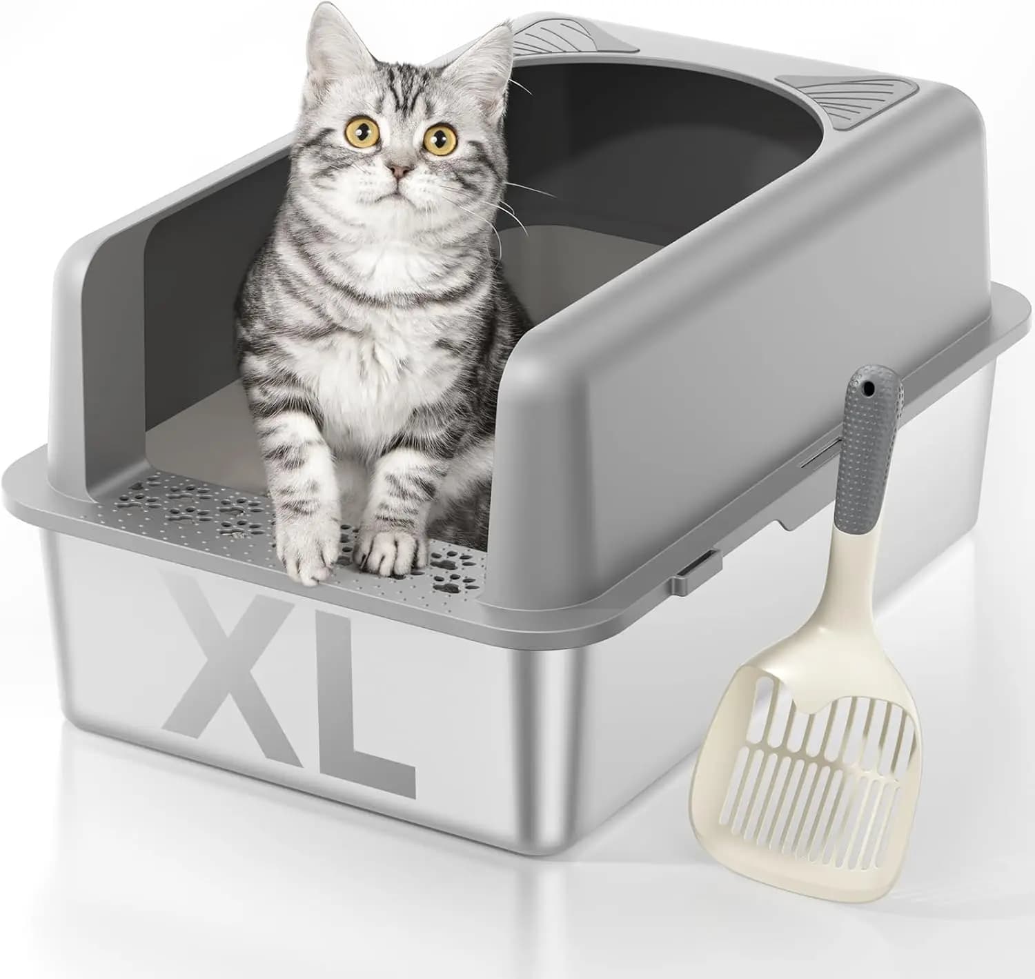 Lettiera per Gatti Extra Large in Acciaio Inossidabile con Coperchio, Bordi Alti, Antiaderente, Inodore, Facile da Pulire, Include Paletta