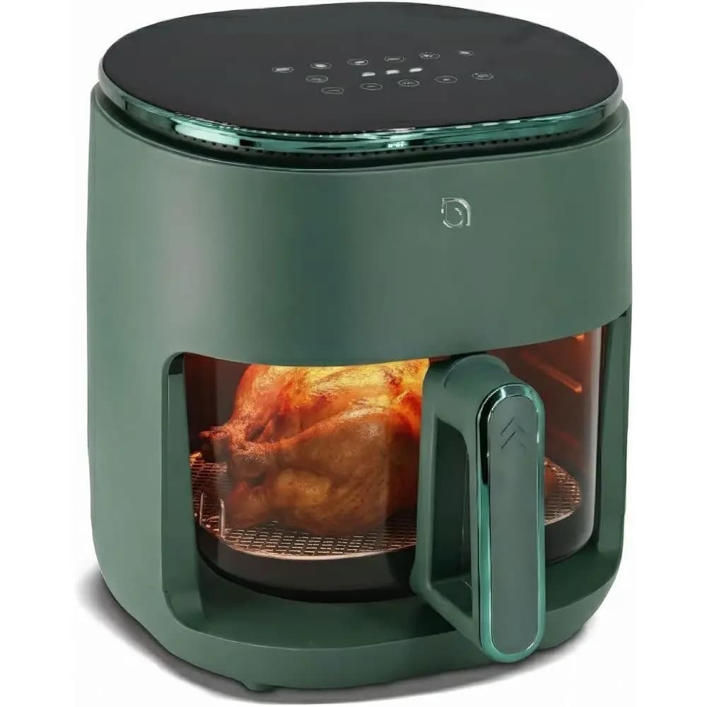 Friggitrice ad aria ecologica 6 in 1 con cestello in vetro, display digitale da 5 litri, 430 ° F Max, preriscaldamento e mantenimento in caldo, compatto, lavabile in lavastoviglie