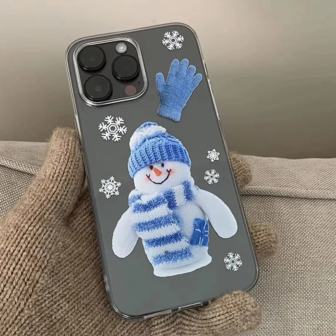 Custodia per telefono creativa stile Ins con sciarpa natalizia e guanto blu a forma di pupazzo di neve per iPhone 17 16 15 14 13 12 11 Pro XS Max 7 8 Plus MINI