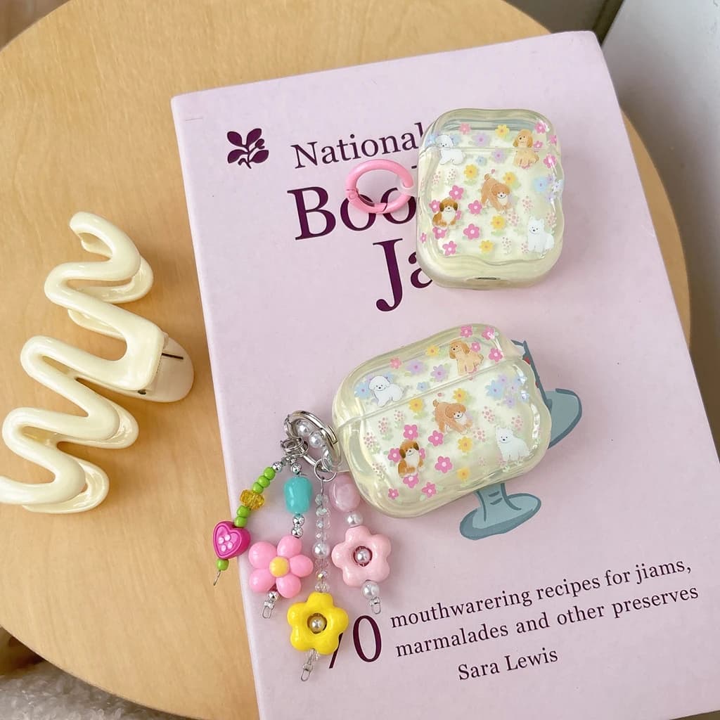 Custodia Protettiva per Auricolari AirPods 1 2 3 4 Pro2 Pro3 con Ciondolo a Forma di Fiore Colorato e Cane Disegnato a Mano Stile Kawaii