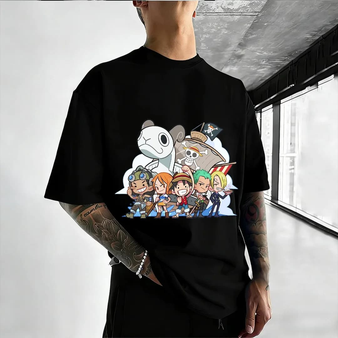 T-shirt Uomo Estivo 2026 One Piece Chibi Straw Hat Crew Stampa Casual Manica Corta Top Harajuku Anime Streetwear Cotone