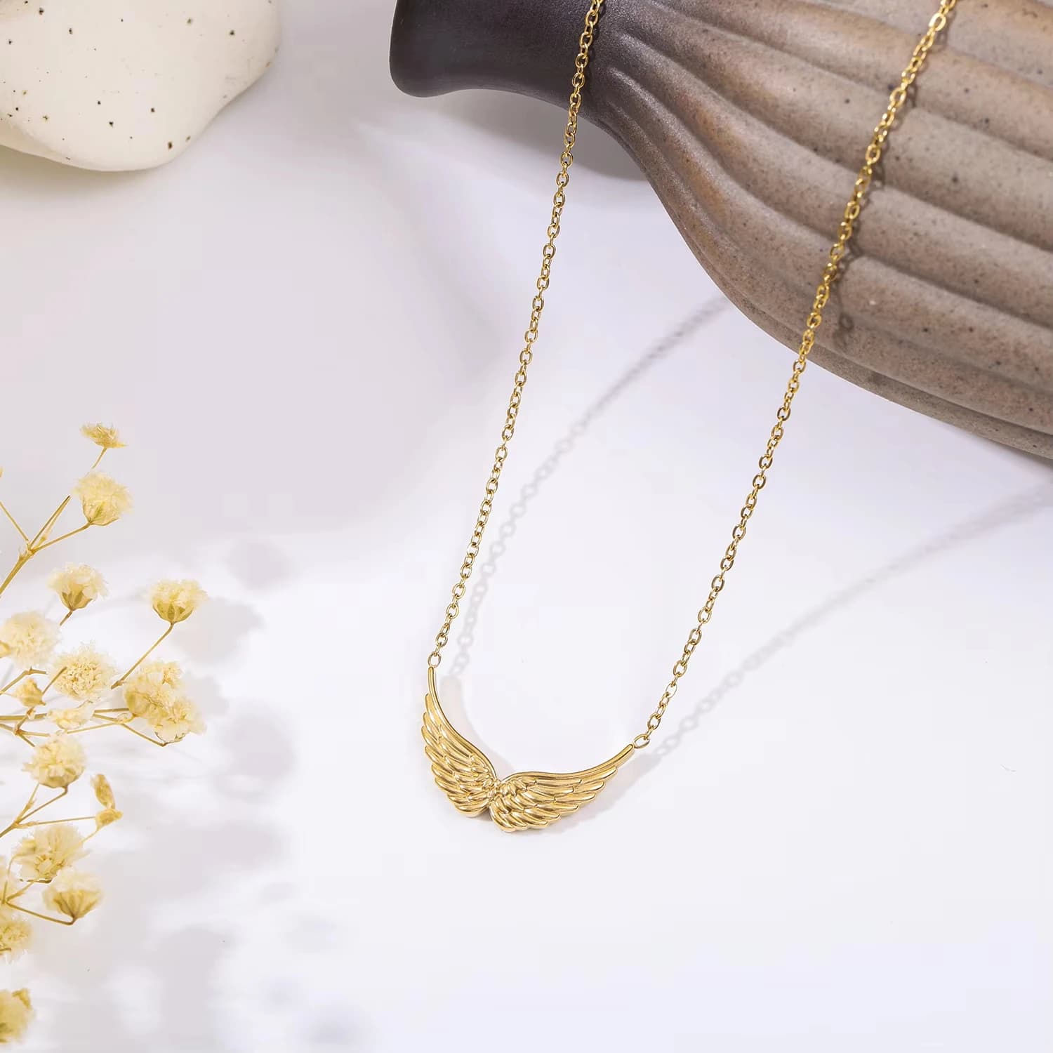 FTCY Double Hole Angel Wing Necklace For Women Fashion Exquisite Gold Color Titanium Clavicle Chain Jewelry Gift Wholesale