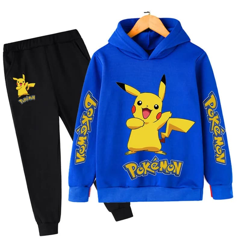 Anime Cute Pokemon Pikachu Set da 2 pezzi con felpa con cappuccio e pantaloni per bambini, stampa di cartoni animati, abbigliamento sportivo casual, tuta per bambini, outfit Kawaii