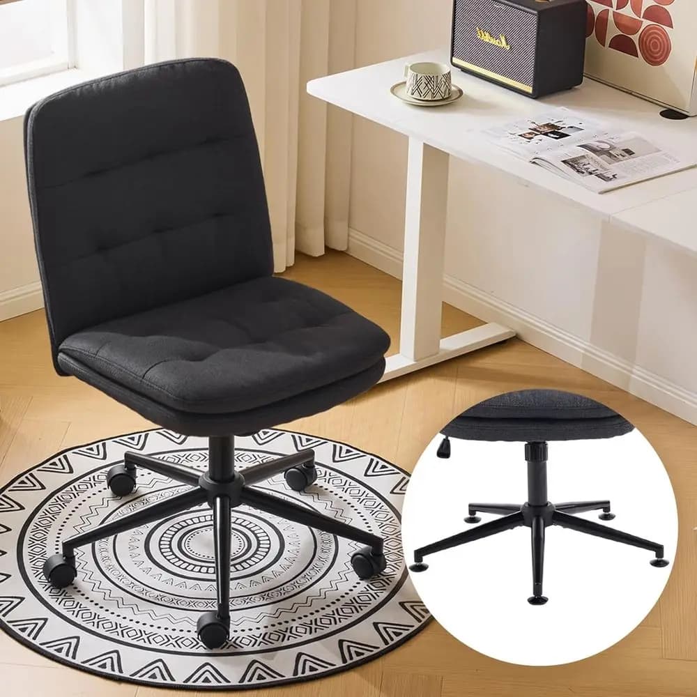 Sedia da toeletto ergonomica girevole con cuscino, altezza regolabile, con ruote o fissa, sedia da scrivania per trucco, in lino nero