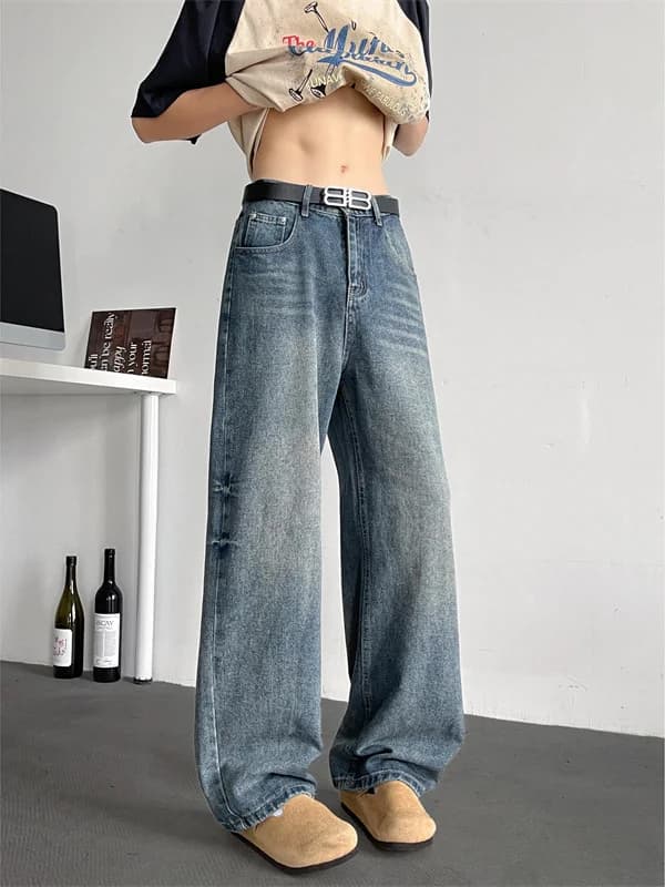 Vintage American Jeans Washed in Gamba Larga, Men's Long Trousers, Casual Straight Cut for Teenagers, All Seasons