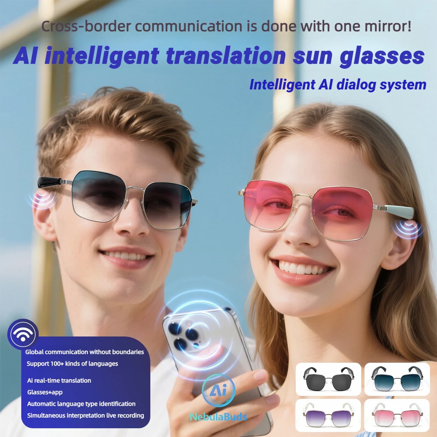 CLLOIO AI Occhiali Bluetooth intelligenti Occhiali da sole con prescrizione progressiva Oltre 100 lingue Translatior Occhiali per miopia in tempo reale