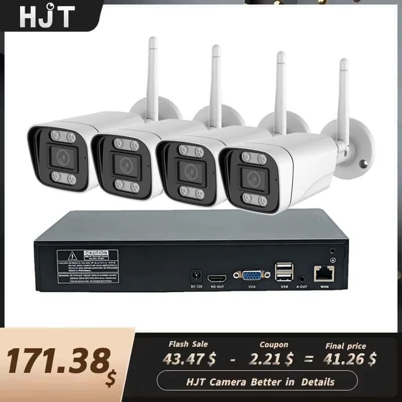 Set NVR HJT 10CH 4K 8MP with Wireless WiFi Security Camera, Bidirectional Audio, Color and IR Night Vision, 5MP Videos for External