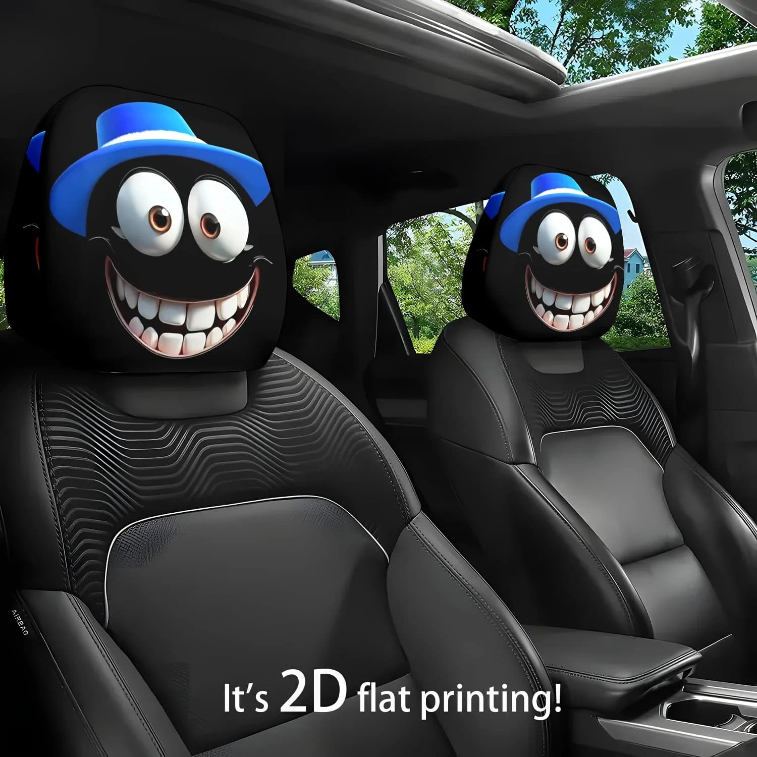 2 pezzi di coperture per cuscini per poggiatesta e cuscini per il collo per seggiolino auto, con stampa a tema cartone animato classico con cappello blu e faccina sorridente - con un design simpatico