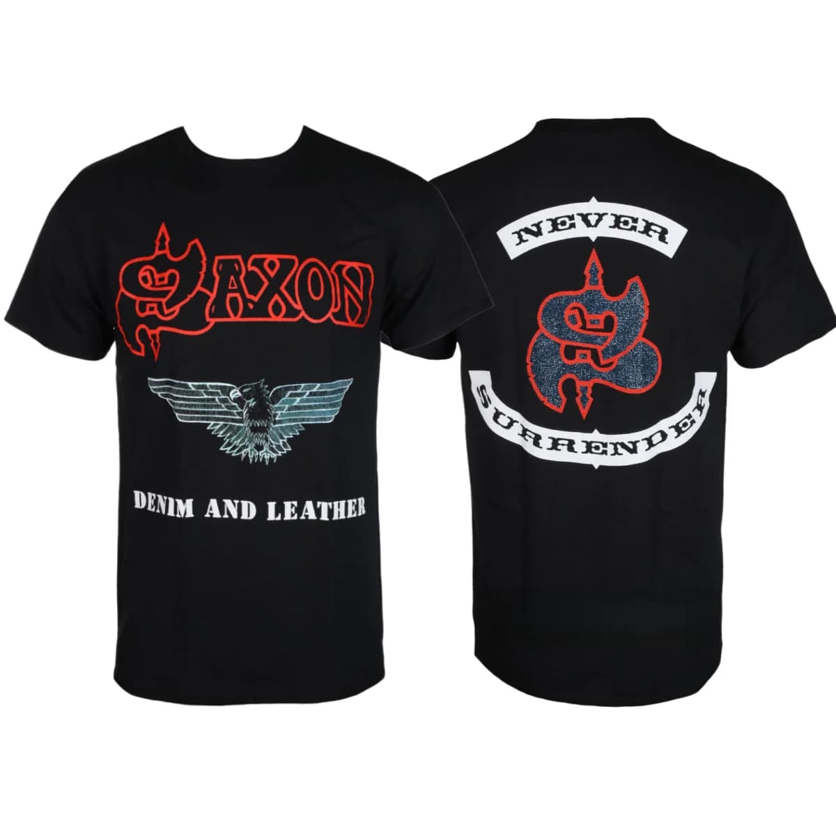 T-shirt estiva alla moda con stampa fantasia in denim e pelle Saxon, T-shirt in cotone da uomo e da donna, T-shirt casual classica da strada con stampa band