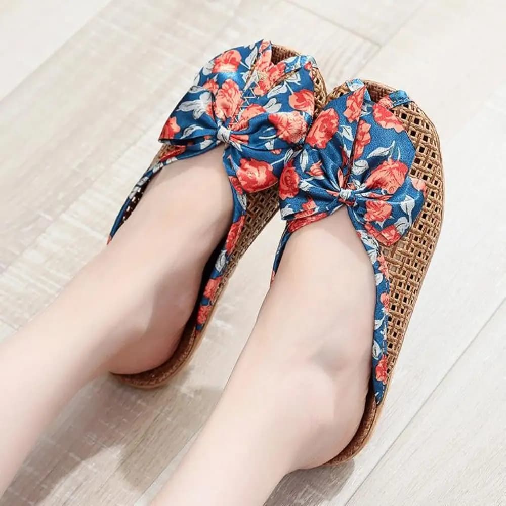 Sweat Absorption Sweet Bow Linen Slippers Hollow Out Peep-toe Straw Weaving Slippers Non-Slip Shoes Slippers Women Indoor