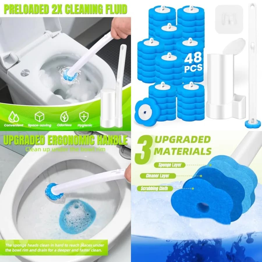 Spazzola per WC usa e getta, ricariche per spazzola WC, manico allungato con 48 ricariche detergenti, spazzola per la pulizia del WC, per la pulizia del bagno