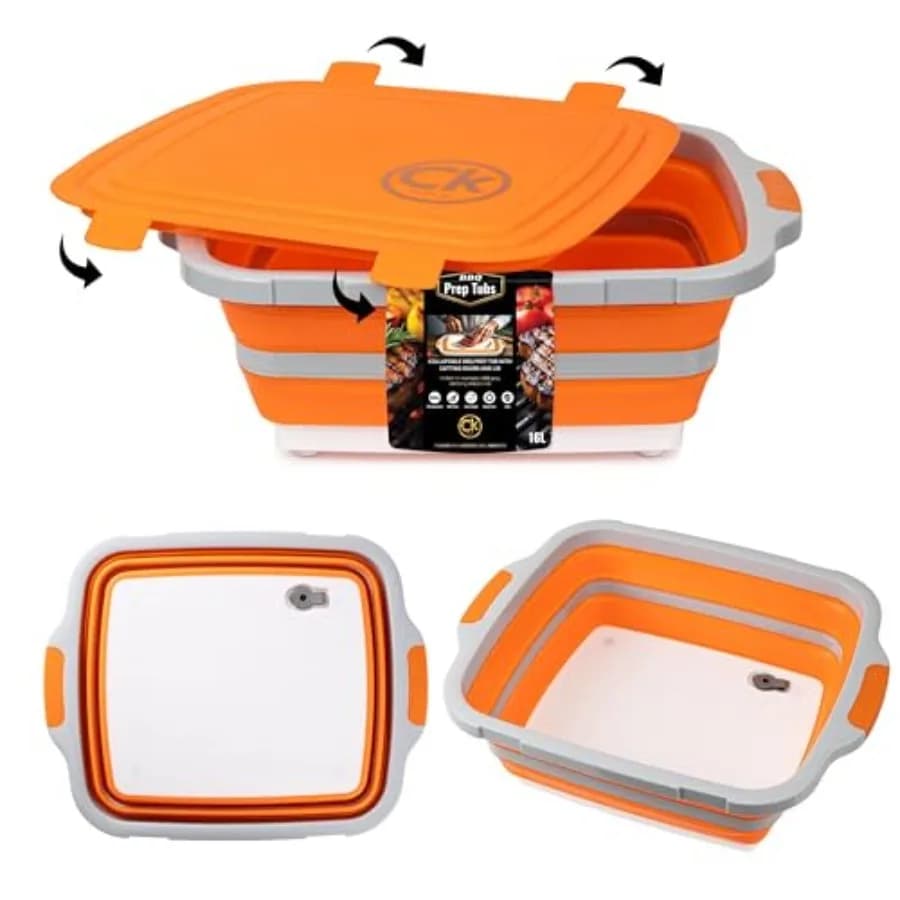 Contenitore Pieghevole XL per Preparazione BBQ con Coperchio Bloccabile e Foro di Drenaggio, Vasca per Marinatura Carne con Tagliere, Senza BPA, Grado Alimentare