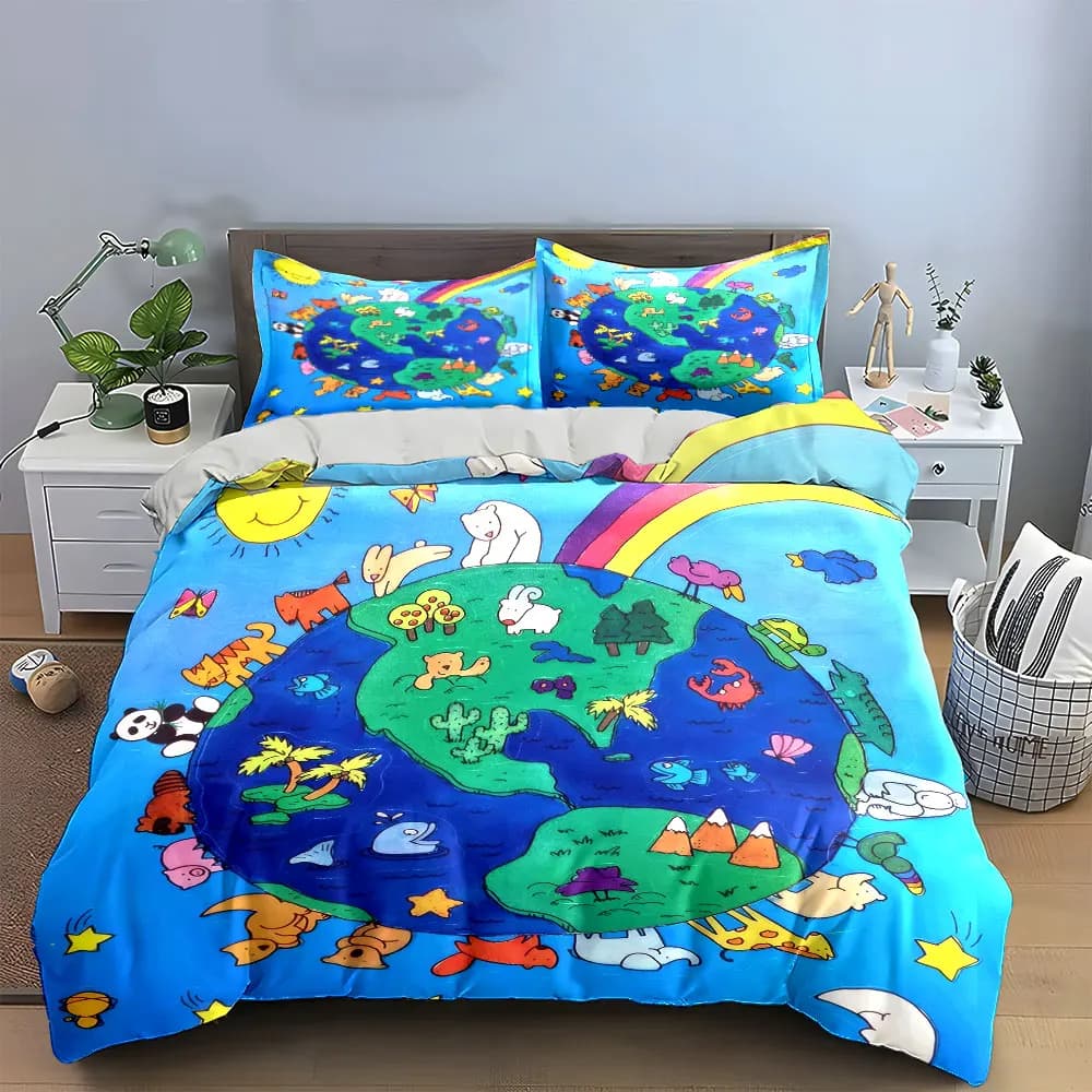 Set di Biancheria da Letto Educativo per Bambini con Tema Animali Terrestri, Include 1 Copripiumino e 2 Federe, Disponibile in Misure Singola, Doppia, King e Queen, Idea Regalo