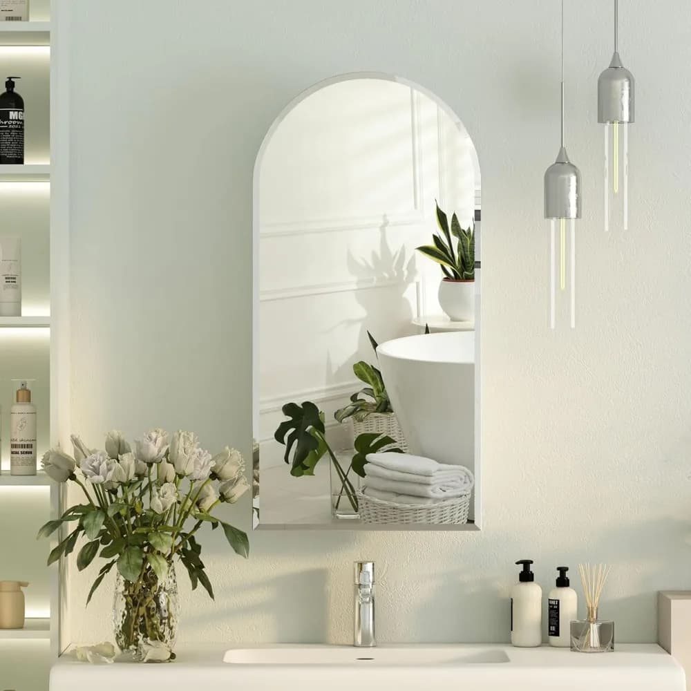 Armadietto dei medicinali da incasso ad arco con specchio, armadietto dei medicinali con specchio ad arco senza telaio per bagno, armadietto a specchio