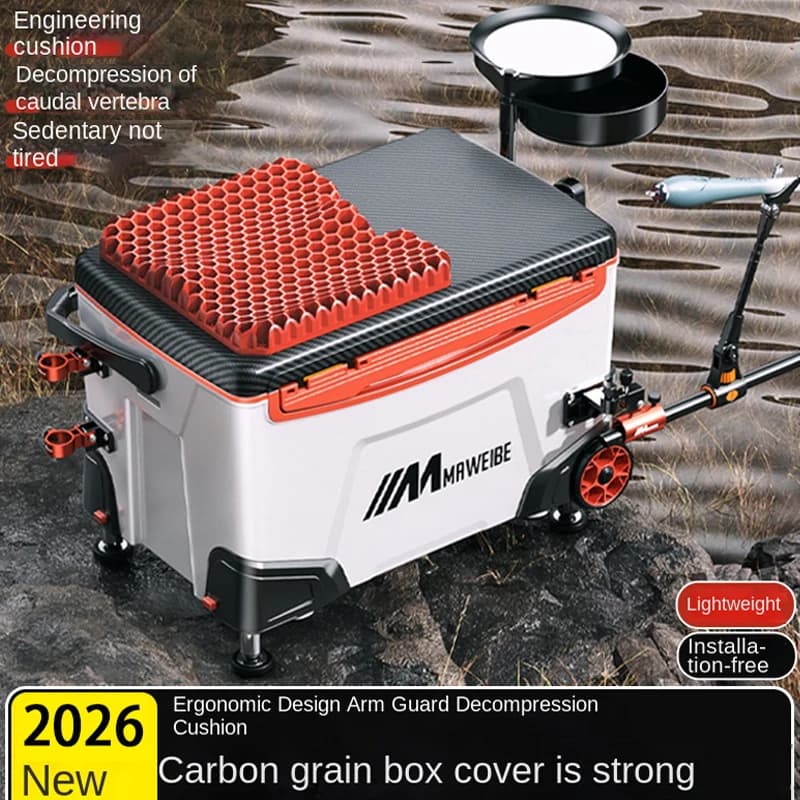 Complete set of equipment boxes 2026 New multifunctional fishing box with seat cushion and wheels Toolbox for fishing gear with bucket for fish