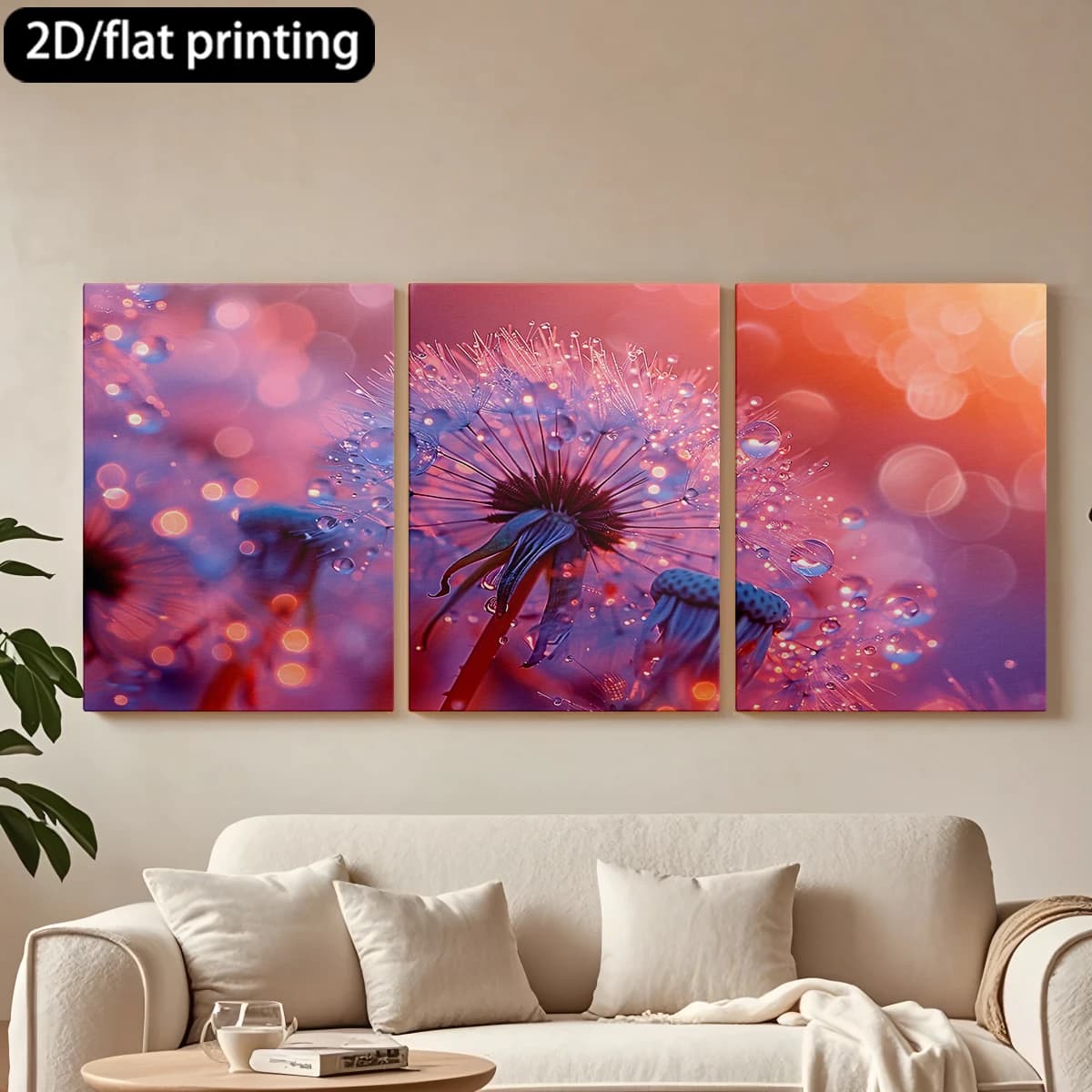Decorative painting on canvas with wooden frame, 3 pieces. Junk tooth with dew drops, background with delicate tones. Tende per camera da letto ikea.