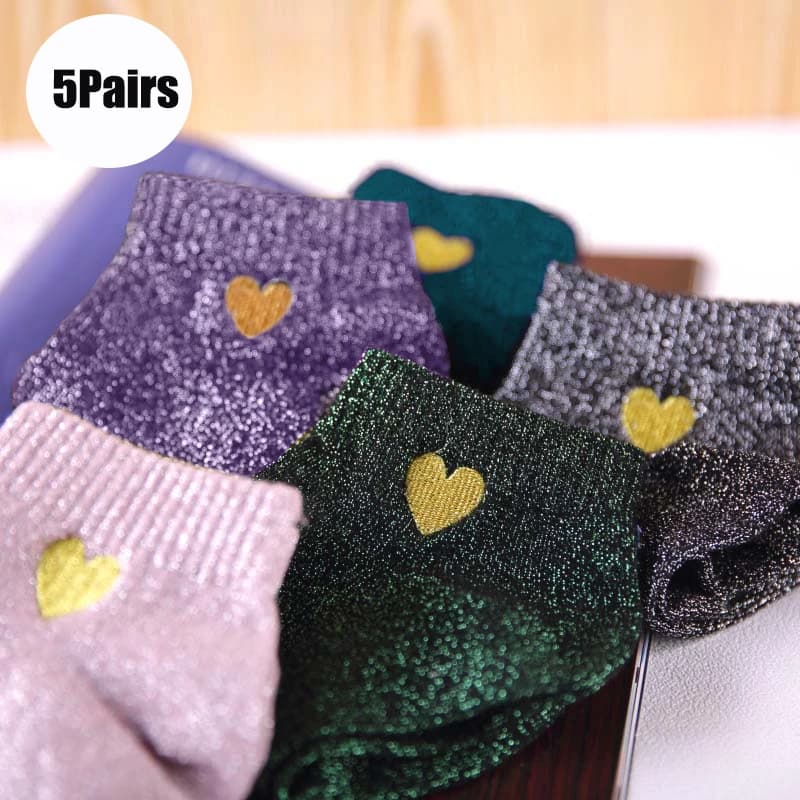 5 pairs/set women embroidered love heart glitter socks shiny silver colorful fashion funny socks breathable ankle socks