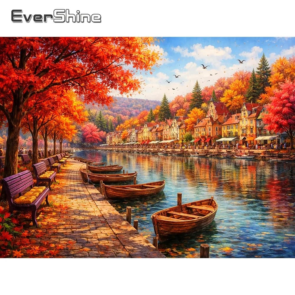 Evershine Diamond Mosaic House Landscape Cross Stitch Art Painting Boat Pattern For Adults Beginners Embroidery Tree Home Decor
