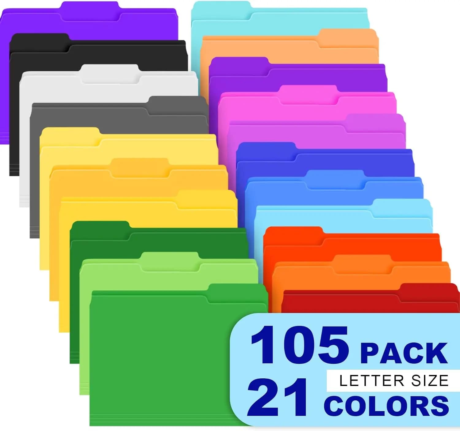 Set di 105 Cartelle Colorate, Cartelle Manila Formato Letter in 21 Colori per Documenti d'Ufficio, Scuola e Azienda