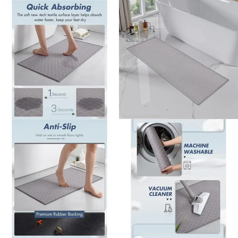 Tappetino da Bagno Antiscivolo con Base in Gomma, Ultra Sottile, 60x180 cm, Grigio, Assorbente per Bagno, Doccia, Lavabo