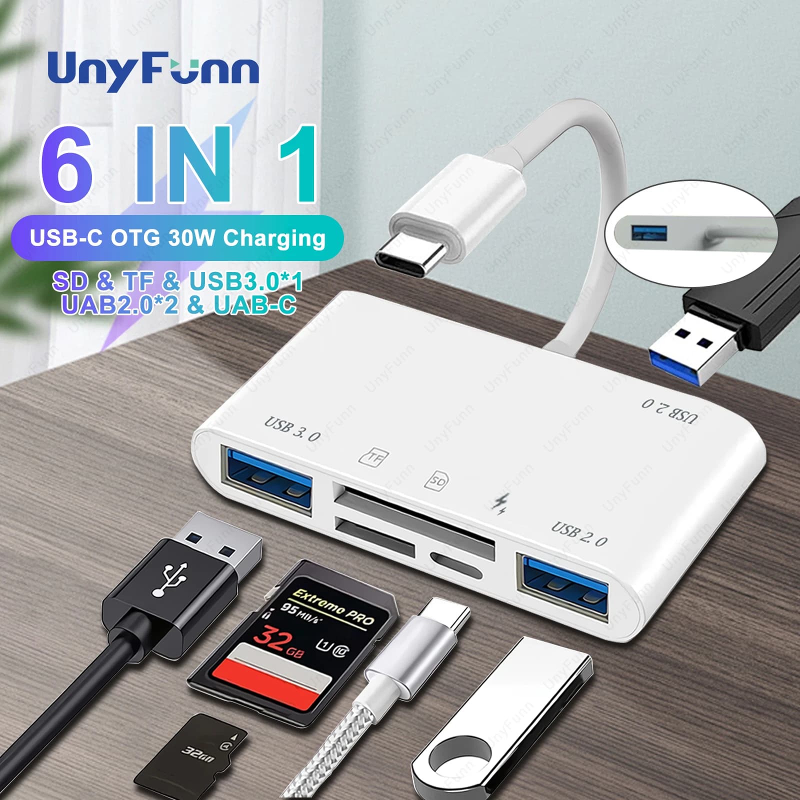 Lettore di schede da USB C a SD TF Adattatore per lettore di schede di memoria USB-C 6 in 1 con porta di ricarica da 30 W Adattatore OTG femmina USB 3.0