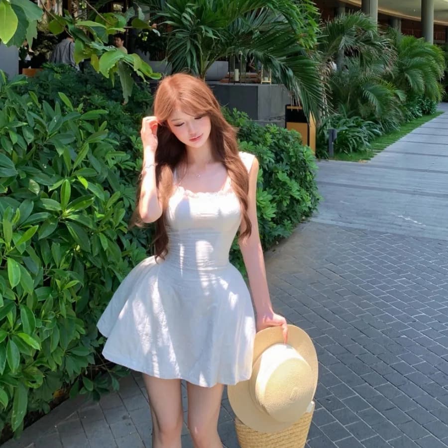 Summer 2026 Elegant Ruffle Square Collar Embroidered Belted Halter Dress Moonlight White Safety Pants High Waist A-Line Skirt