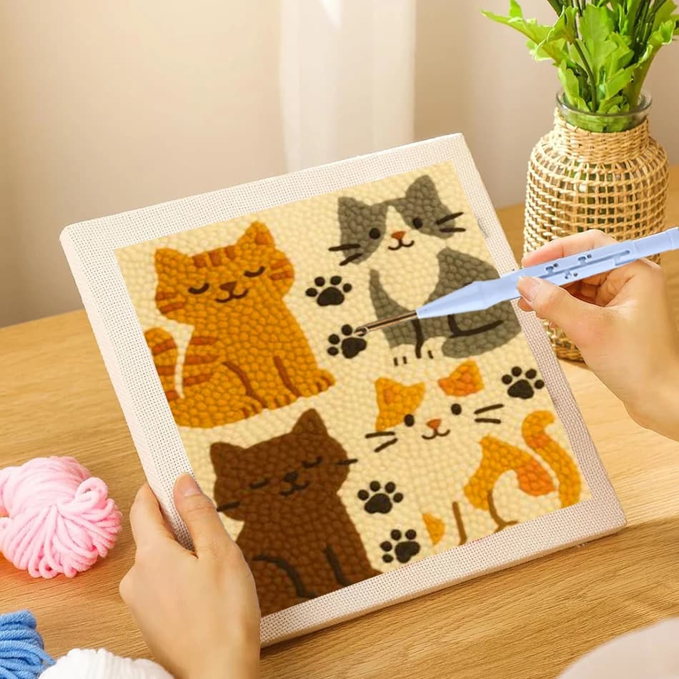 Punch Needle Kit for Adult Beginner Cats Fun Punch Needle Starter Set with Embroidery Frame Paw Print Patterns DIY Needle Sewing
