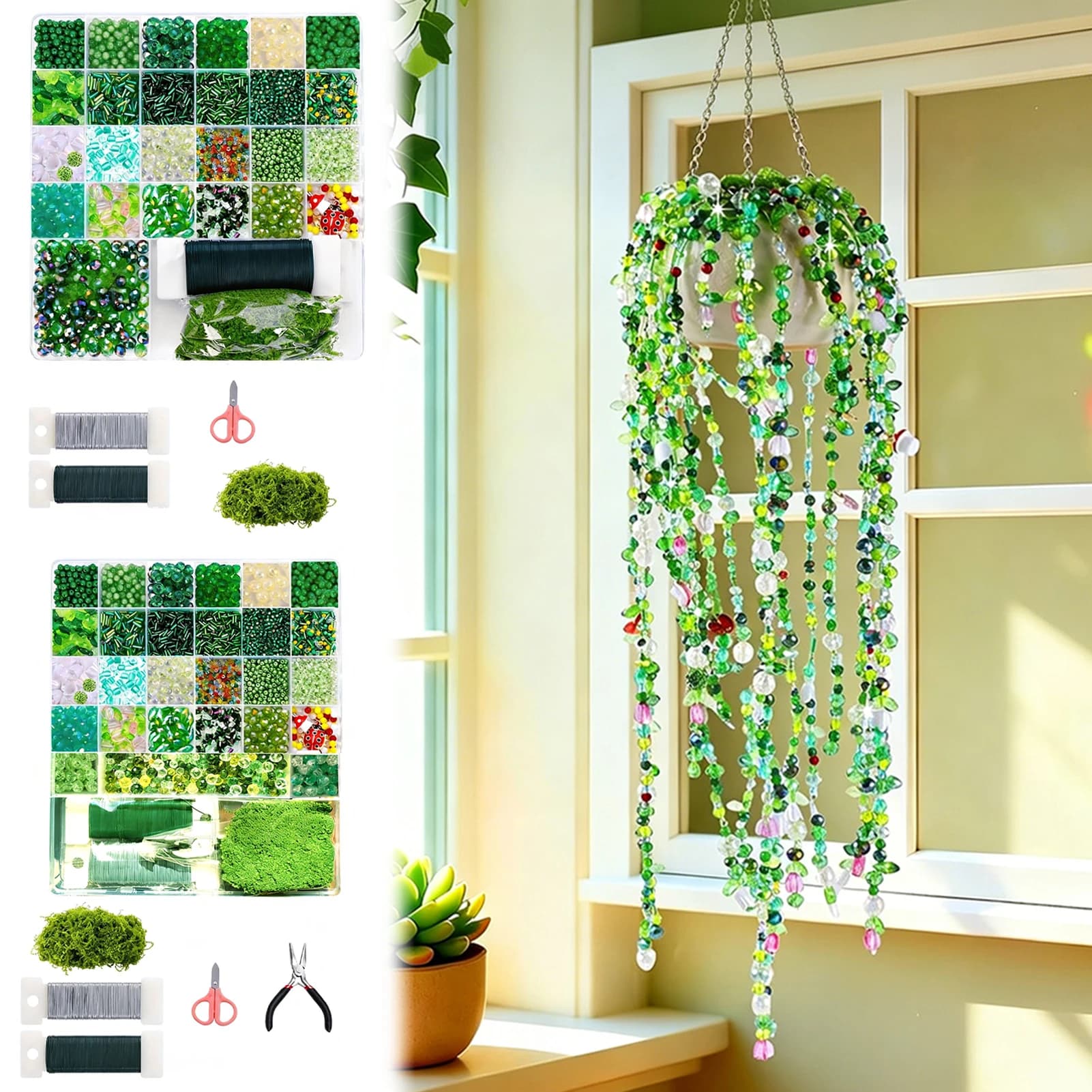 Green Beaded Plant Kit Handmade Making DIY Green Crystal Glass Beading Jewelry Crafting Set Rings Earring Crafts Diy Bracelets