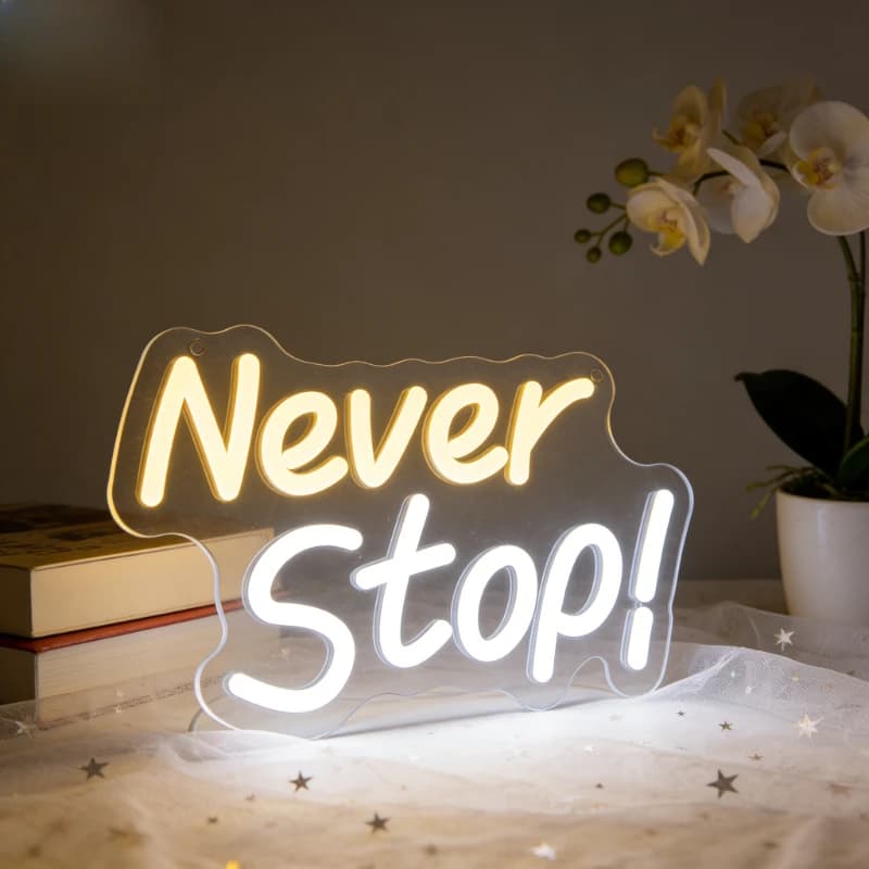 Insegna LED Neon 'Never Stop', Arte Murale Motivazionale e Ispirazionale per Casa, Ufficio, Camera da Letto, Illuminazione Moderna, Regalo Atmosferico