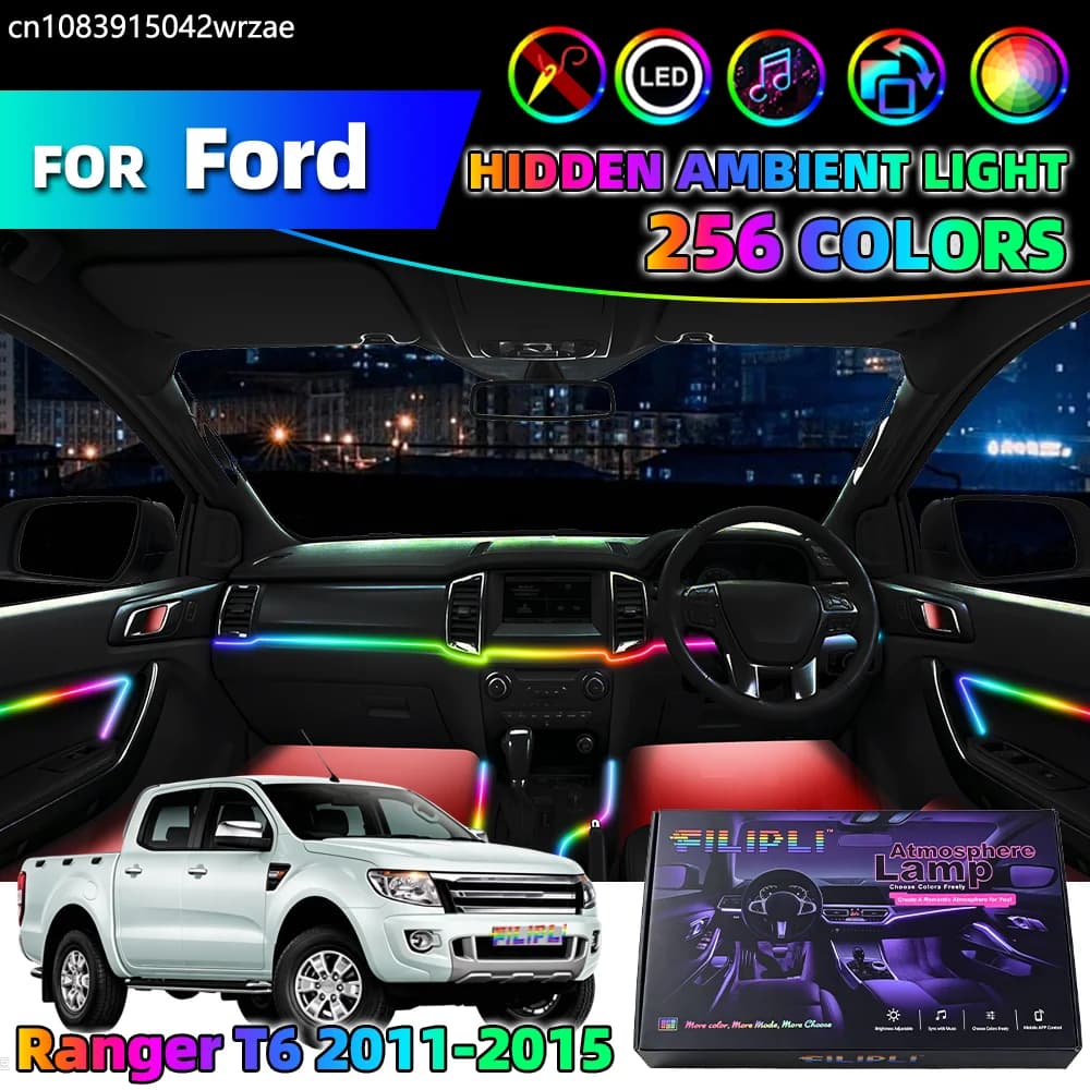 Kit di illuminazione ambientale per interni auto 6 in 1 per Ford Ranger T6 2011-2015, strisce luminose a LED con controllo tramite app.