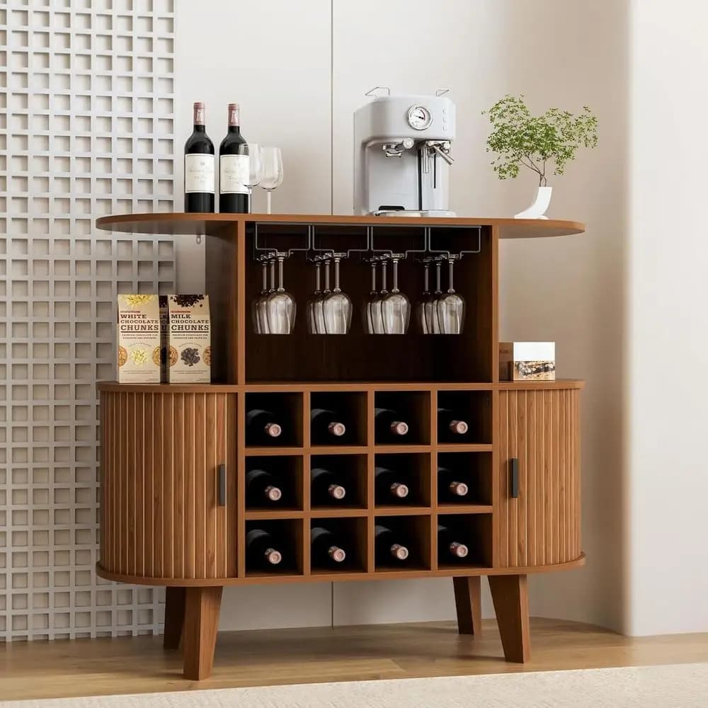 Walnut 35.4 Oval Wine Bar Cabinet, 12 Bottle Racks & 4 Glass Holders, Ideal for Home, Kitchen, Living Room