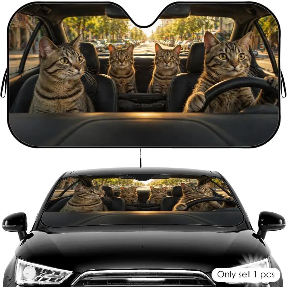 Parasole Divertente a Forma di Gatto Tabby per Auto, Protezione UV e Calore per Parabrezza Anteriore, Pieghevole, Universale