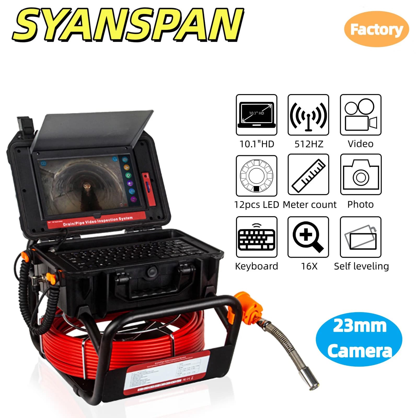 SYANSPAN Sewer Camera Drian Piping Industrial Endoscope 512Hz Sonde+Self-leveling 7mm Plumbing
