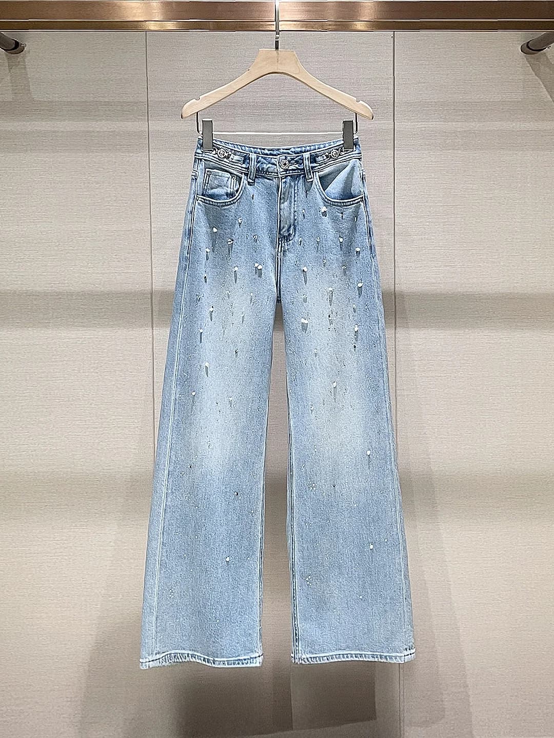 Jeans in Denim Blu a Vita Alta da Donna, Design Sensazionale, Nuovo Stile Primaverile con Decorazioni in Diamanti, Pantaloni Slim Fit a Gamba Dritta