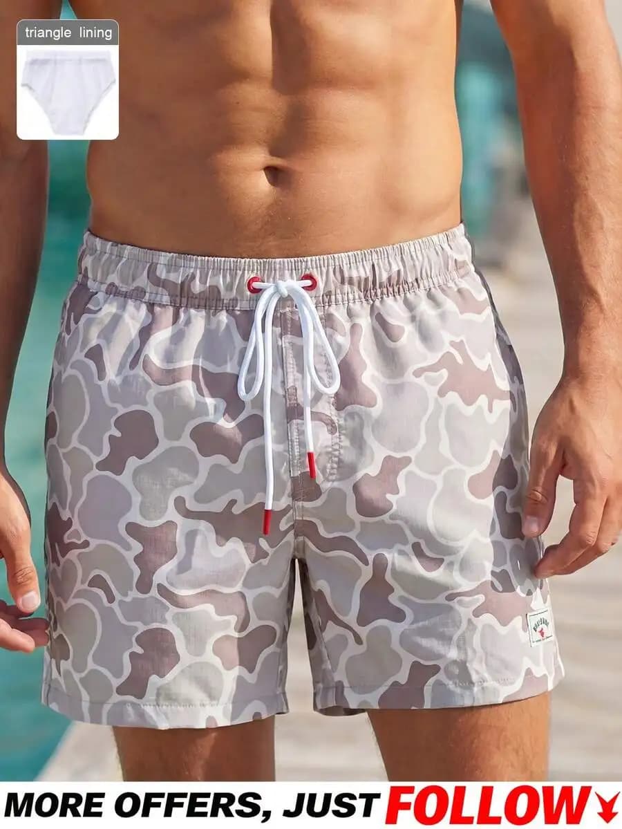 AXEPEAK Men's Casual Letter & Sculpture Print Slant Pocket Denim Shorts, Summer