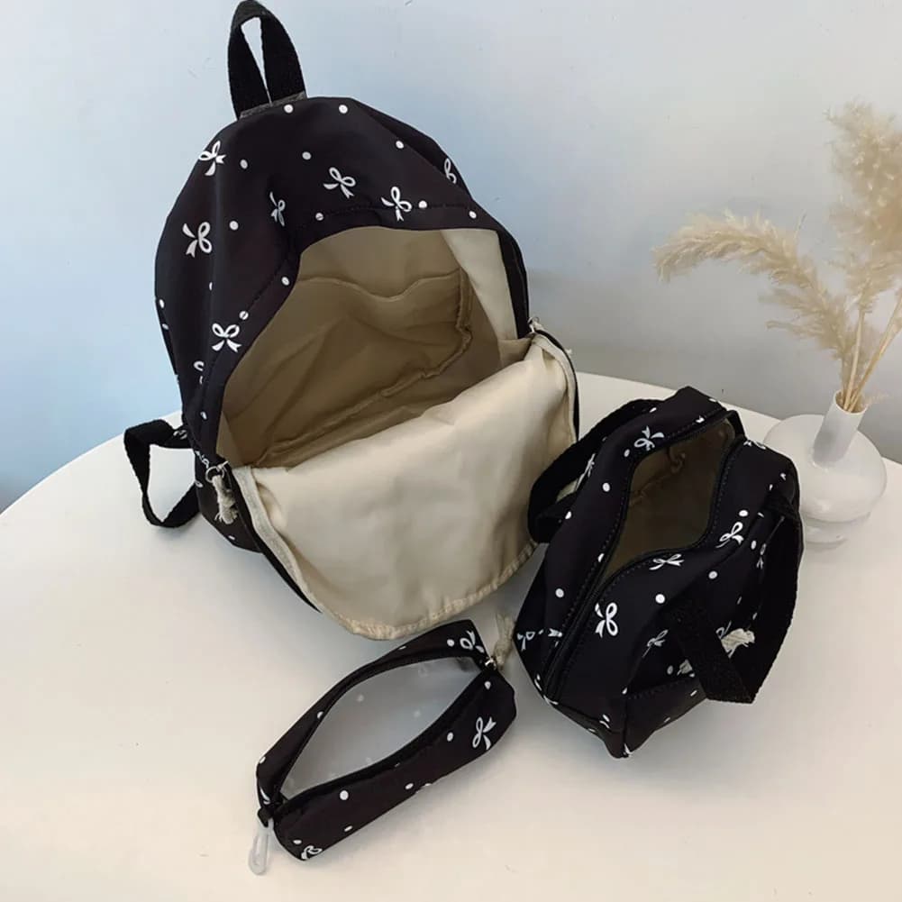 3 Pcs/Set Kawaii Cute Large Capacity Bow Backpack Nylon Adjustable Strap Student Backpack Bow Print Travel Backpack
