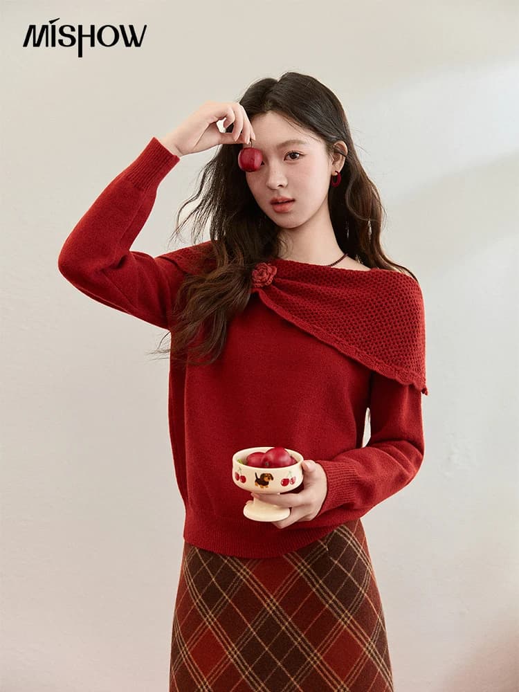 MISHOW Capodanno Natale Maglione rosso da donna 2025 Autunno Inverno Morbido ed elegante Maglioni Fiore 3D Alpaca Top in maglia MXE94Z2889