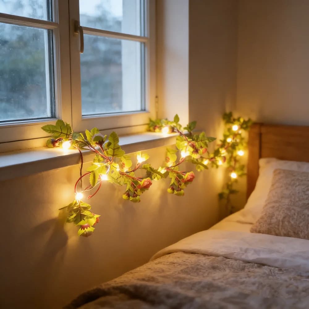 Decorazione da Giardino a Batteria, Luci LED a Forma di Foglie Verdi e Fiori Finti da 5M/2M per Pareti, Natale, Compleanni, Matrimoni, Stanze