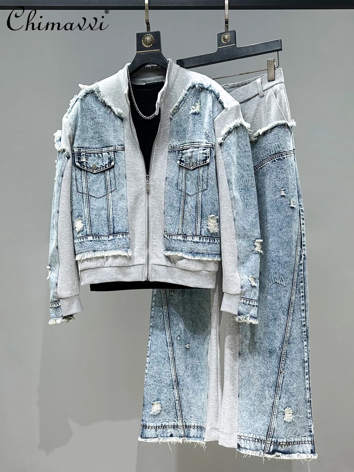 Moda Casual da uomo Denim Patchwork Giacca Set Giacche con cerniera allentata Cappotto a vita alta Pantaloni a gamba larga Set da due pezzi Uomo Autunno