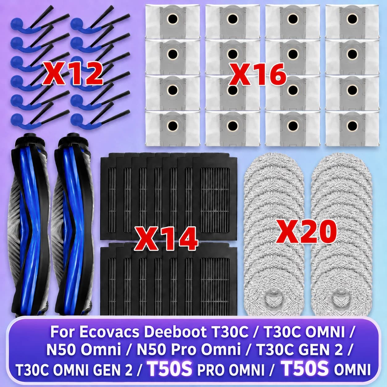 Per Ecovacs Deeboot T30C/T30C OMNI/T30C Prime Omni/T30C GEN 2/T30C OMNI GEN 2(No T30C PRO/PRO OMNI), N50 OMNI/N50 Pro Omni Ricambi Spazzola Principale/Laterale Filtro Mocio Sacchetto