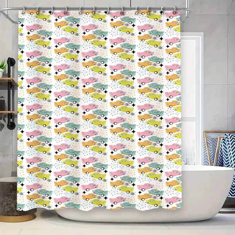 Tenda da doccia modello auto luminosa Decorazione da bagno impermeabile Stampa moderna Tessuto lavabile Rosa Verde Giallo Arancione