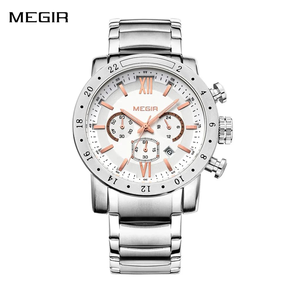 MEGIR Men's Watch Stainless Steel Ladies Quartz Wrist Watch With Waterproof Luminous Dial With Chronograph And Automatic Date
