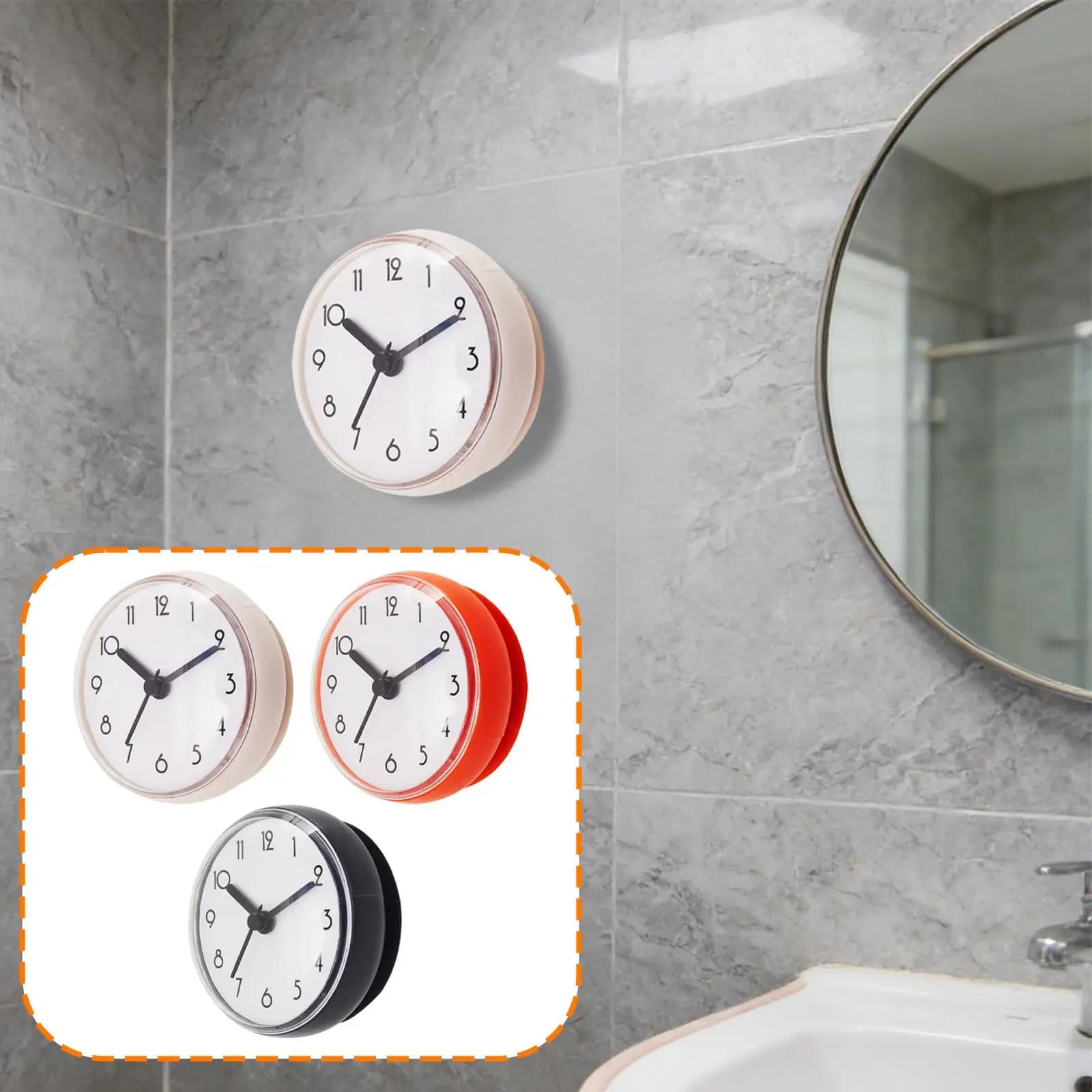 Waterproof Wall Clock with Suction cup, Silent, Round, for Bathroom, Kitchen, Table, Wardrobe, Refrigerator, Door