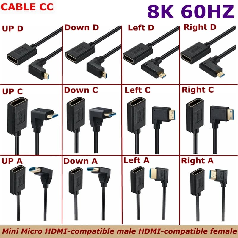 Cavo HDMI compatibile da 0,3 m, da femmina a micro/mini HDMI compatibile maschio angolato, 4K/8K 60Hz, per fotocamera/tablet a TV, ultra sottile HD