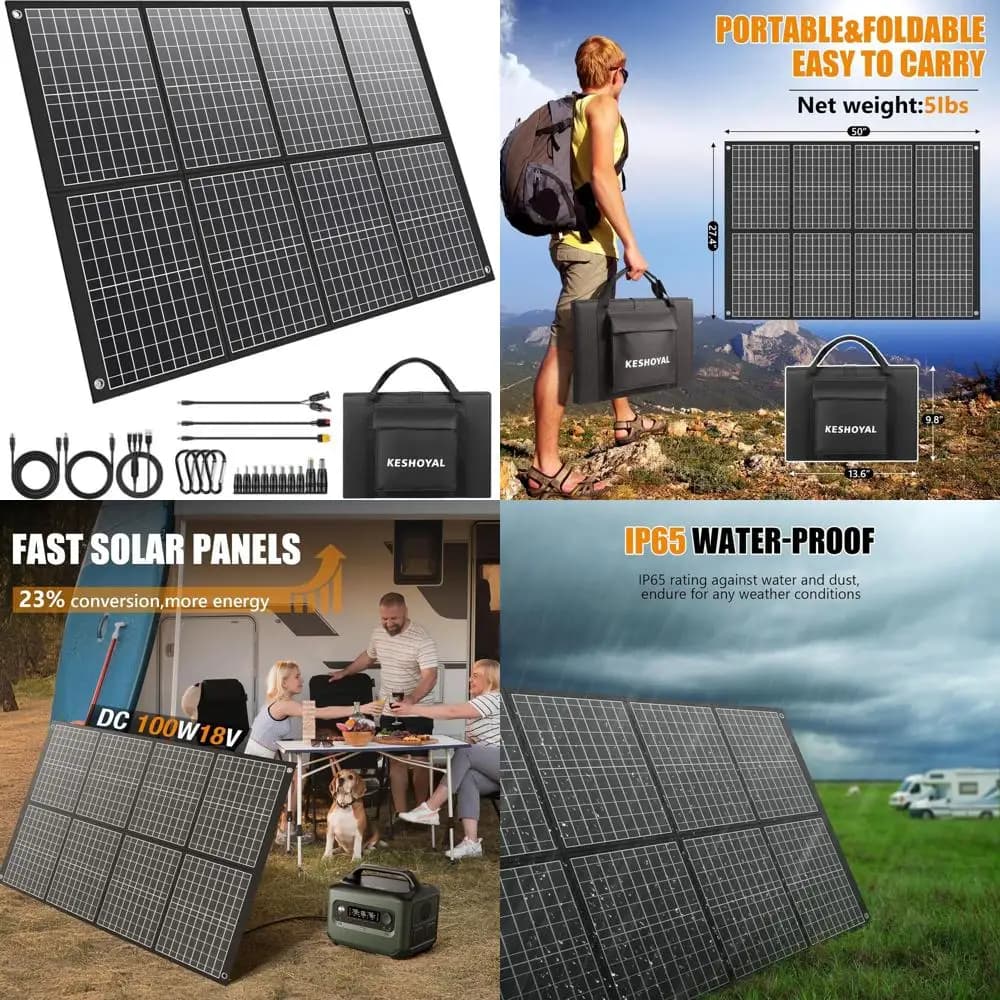Pannello Solare Monocristallino Pieghevole da 100W con Uscite 18V DC e USB, Impermeabile per Campeggio, Camper, Off-Grid, Escursionismo