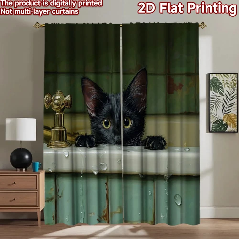 Tende in poliestere stampate digitalmente con gatto nero che si lava, stampa 2D piatta, 2 pezzi, decorazioni per feste e uso quotidiano