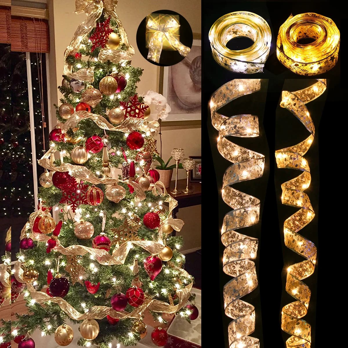 Ribbon Fairy Light ornamenti per l'albero di natale decorazione natalizia per la casa 2023 Xmas String Navidad Natal Noel regalo di capodanno 2024