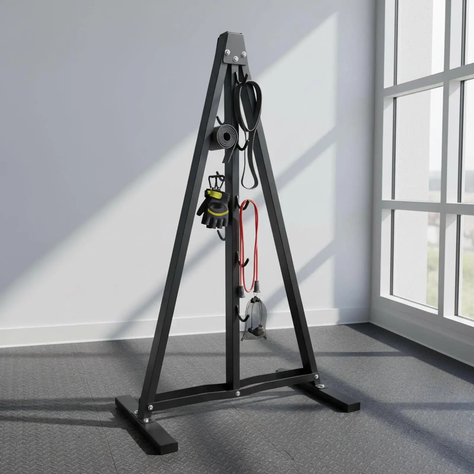 Pull Up Bar Storage Rack Wall Mounted Organizer Sturdy Steel with Hooks for Gym Cable Attachments and Home Fitness
